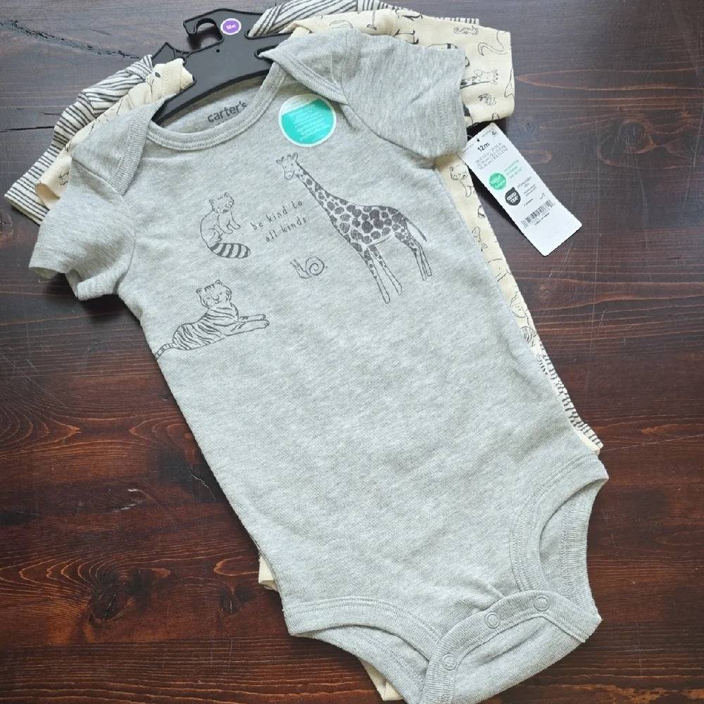​NWT Carter's Child of Mine Baby Boys Bodysuits - 12M - 3 Pack Animal Theme
